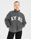 Varsity Oversized Fleece Zip Up Jacket - Charcoal